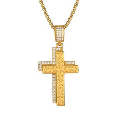 Imagem de Fahonie Colar masculino com pingente de cruz cristã de aço inoxidável, banhado a ouro, versículo bíblico, gravado, joia de fé com corrente estilo punk hip hop, presente religioso