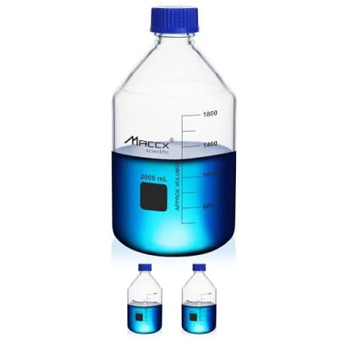 Imagem de Maccx Garrafas redondas de vidro de armazenamento, 2 peças de Vol.2000ml, material de vidro borossilicato 3.3, com tampa de rosca de polipropileno GL45 na cor azul, GL45RB2K0-002