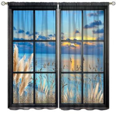 Imagem de Cortina de janela litorânea à beira-mar, mar, havaiano, pôr do sol, palheta, praia, vidro, porta, cenário, paisagem rústica, tratamentos de janela de poliéster para banheiro, cozinha, casa, cortinas