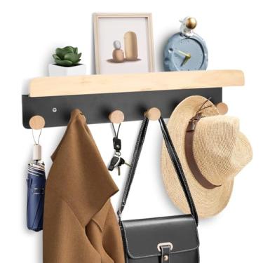 Imagem de Prateleira de madeira montada na parede, prateleira de parede com ganchos de madeira de pinheiro, metal, montada na parede, prateleira flutuante para banheiro, cozinha, sala de estar