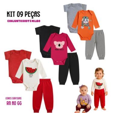 Imagem de Kit 9 peças Roupa Bebê Body e Mijão com punhos, menino e menina Suedin