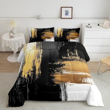 Imagem de Feelyou Conjunto de edredom de arte abstrata moderna, dourado e preto, abstrato, King, para crianças, meninos, meninas, edredom geométrico