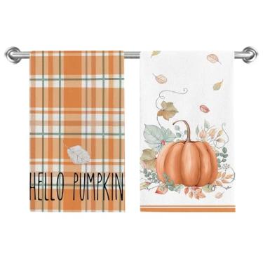 Imagem de Conjunto de 2 toalhas de prato Hello Pumpkin Fall Toalhas de cozinha, toalhas de mão de folhas de aquarela 45,7 x 66 cm, toalhas de prato de abóbora laranja para cozinha, banheiro, decoração de casa