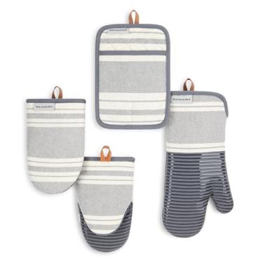 Imagem de KITCHENAID Luva de forno listrada vintage, mini luva de forno e suporte de panela, pacote com 4, 100% algodão, resistente ao calor, cinza carvão/marfim, 17,8 x 35,5 cm, 14 x 23 cm e 17,8 cm x 25,4 cm