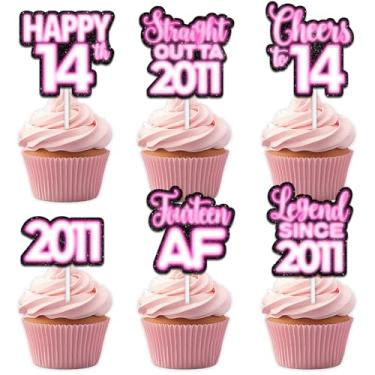 Imagem de 18 peças de enfeite de cupcake de sobremesa com glitter rosa para Straight Outta 2011 Legend Since 2011 suprimentos de decoração temática menino feliz 14º aniversário decorações de festa