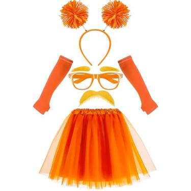 Imagem de QLINLEAF Orange and Yellowe Tutu Costume Pom Pom Headband Mustache and Eyebrows Orange Furry Character Costume Set for Halloween Party Book Week