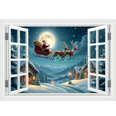 Imagem de Decalque de parede de janela falsa - Papai Noel noturno carregue presentes no telhado Pôster de arte de parede de janela falsa mural de feliz Natal para decoração de parede de sala de escritório