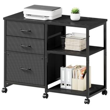 Imagem de Maihail Armário de arquivo de 3 gavetas com rodas com suporte para impressora com prateleira de armazenamento aberta armário de arquivo lateral de tecido para escritório em casa, preto
