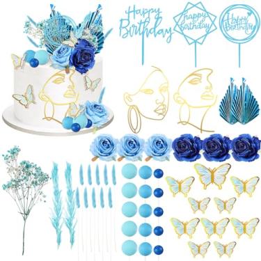 Imagem de MTLEE 51 Pcs Boho Cake Topper Decorations Vintage Artificial Rose Flower Pampas Grass Acrylic Minimalist Art Lady Face Happy Birthday Ball Cake Topper for Wedding Baby Shower (Blue Flower)