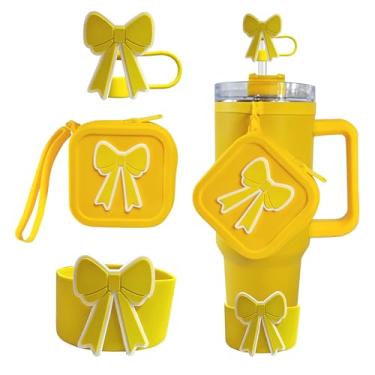 Imagem de Conjunto de acessórios de garrafa de água esportiva de 3 peças para copo Stanley Cup de 850 g 1,134 g, inclui capa de canudo de laço, manga protetora de silicone para botas, bolsa de moedas fofa, sem