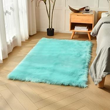 Imagem de duduta Tapete de pele de carneiro sintética azul turquesa 0,9 x 1,5 m, tapete felpudo fofo quarto dormitório berçário playroom tapete antiderrapante lavável