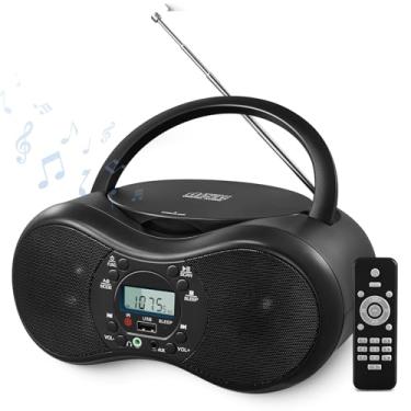 Imagem de DGXWLLW Boombox portátil para leitor de CD para casa com rádio FM, reprodução de CDs CD-R/CD-RW/MP3, controle remoto, Bluetooth, porta USB, entrada auxiliar de 3,5 mm e conector de fone de ouvido