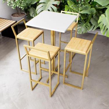 Imagem de Jogo Mesa Alta Bistrô Quadrada Branca 4 Banquetas Pinus Confort Indust