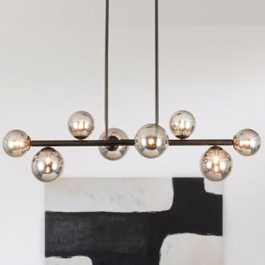 Imagem de Jonsi Luminária de sala de jantar sobre mesa, lustres de meados do século, lustre linear de vidro globo cinza fumaça moderno 8 luzes ajustável pendurado no teto para sala de estar sala de jantar