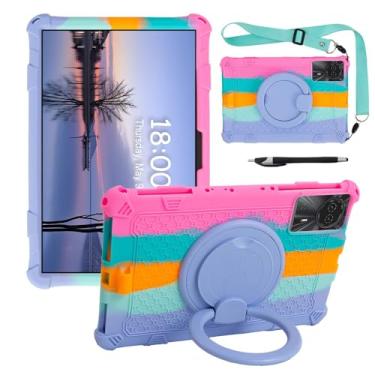 Imagem de Misenya Capa para tablet Android de 11 polegadas para tablet ApoloSign/DOOGEE/PRITOM/ECOPAD/AOCWEI/TECLAST 11 polegadas, capa universal giratória de 360° com cordão, caneta Stylus (rosa colorido)