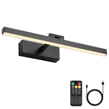 Imagem de Joosenhouse Luz de imagem sem fio operada por bateria - Arandela de parede recarregável com controle remoto, função regulável e temporizador, luz de galeria preta de 39 cm para arte