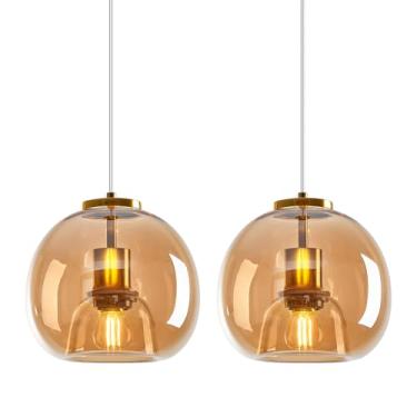 Imagem de LBSQJ Luzes pendentes de vidro âmbar ilha de cozinha luminária suspensa dourada globo de vidro luminária pendente moderna para cozinha ilha quarto sala de jantar (20 cm, 2 unidades)