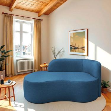 Imagem de Recamier Curvo Orgânico 200cm 3 Lugares Lado Esquerdo para Sala ou Quarto Linho Japão Azul royal
