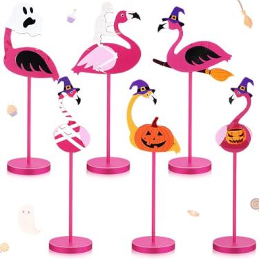 Imagem de Gerrii 6 Pcs Halloween Flamingo Wood Table Centerpieces Skeleton Luau Standing Block Sign Set Pink Hawaiian Tropical Topper Decor Flamingo Table Sign for Home Halloween Office Desk Party Supplies