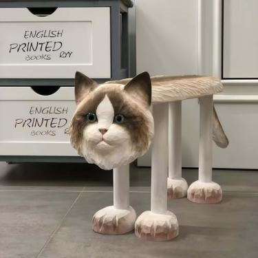 Imagem de mwpqbd Banqueta criativa de madeira maciça esculpida à mão, formas de animais de estimação, perfeitas para decoração de casa, troca de sapatos, sala de estar, mesa de chá ou crianças (gato B C 45 x 13