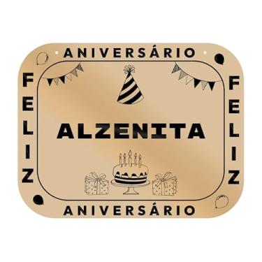 Imagem de Placa Feliz Aniversário Alzenita em MDF, 19x14 cm, com 2 Furos para Pendurar
