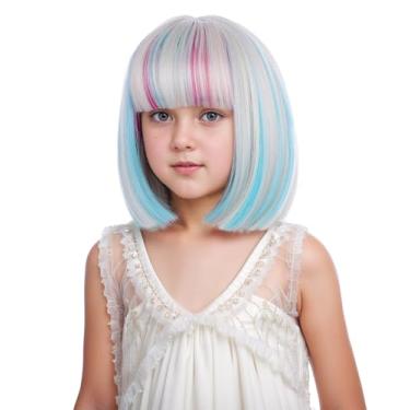 Imagem de DUDUWIG Peruca infantil loira mista rosa azul peruca curta arco-íris reta perucas coloridas com franja para meninas rede de cabelo inclui
