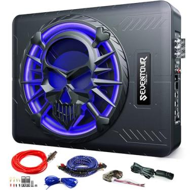 Imagem de Seventour Subwoofer de carro de 25,4 cm 1200W fino alimentado por baixo do assento, subwoofer de áudio de carro/caminhão, combo de amplificador embutido, com luz ambiente de LED (subwoofer + kit de