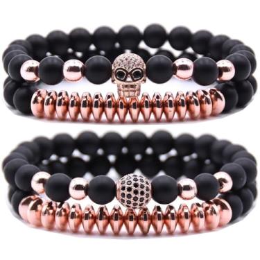 Imagem de HYHONEY Pulseira de contas micro pavê de zircão coroa rei 8 mm para homens e mulheres pulseira de casal preto natural fosco ônix contas de hematita elástico ajustável, One Size, Pedra, Zircônia
