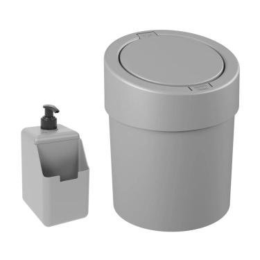 Imagem de Kit Cozinha Dispenser Porta Detergente Lixeira Tampa Click 5,4L Cinza - Coza