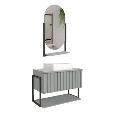 Imagem de Armário Banheiro Mdf Aço C/ Cuba Espelheira 1 Porta Pistache