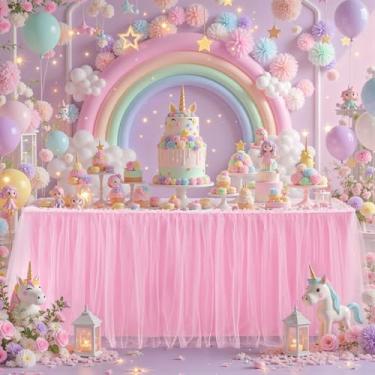 Imagem de Saia de mesa de tule rosa de 1,8 m de comprimento para mesas retangulares, 2 camadas de babados, tule tutu de pano, saia de mesa para chá de bebê, menina, festa de aniversário, casamento, decoração de