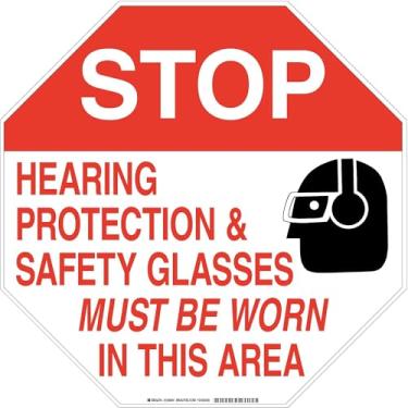 Imagem de Brady 128686 Placa de proteção pessoal, legenda "Stop Hearing Protection and Safety Glasses Must Be Worn", 61 cm de altura, 61 cm de largura, preto e vermelho em branco