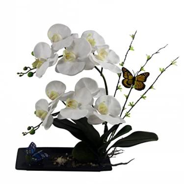 Imagem de DCYEQRQ Conjunto de flores artificiais para decoração Phalaenopsis artificial com vaso de cerâmica, mariposa artificial, orquídea, arranjos de flores artificiais para afiar flores artificiais P
