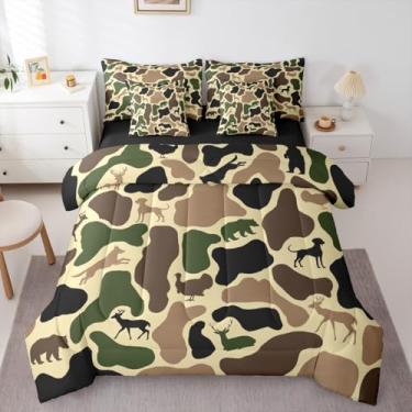 Imagem de Erosebridal Jogo de cama solteiro com estampa de lobo peru, camuflagem amarela, campo, exército, urso, cão de caça, veado, para crianças, meninos e meninas