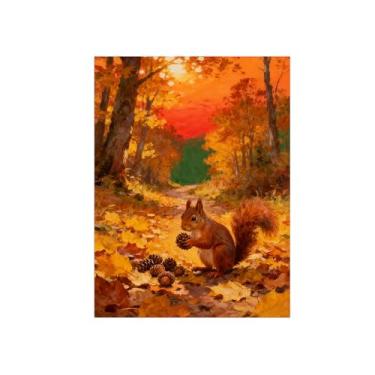 Imagem de Quadro parede outono-Esquilo-árvore floresta Impressões em tela paisagens-Pintura animais para sala estar decoração fazenda 60x80cm Sem Moldura