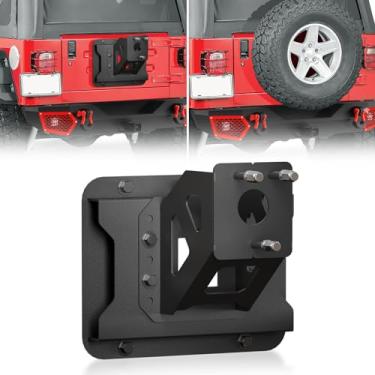 Imagem de YZONA Suporte de pneu sobressalente ajustável de até 101,6 cm compatível com Jeep Wrangler TJ YJ LJ 1987-2006 Suporte de elevação de roda sobressalente para serviço pesado, base de realocação, preto