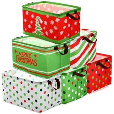 Imagem de Vesici Pacote com 6 cestas de Natal para presentes, caixas de armazenamento de Natal vazias com alça, caixa de armazenamento dobrável, cesta de lavanderia de lona para roupas de Natal, escritório