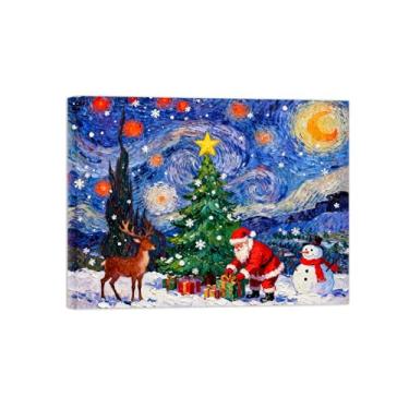 Imagem de Pinturas em tela Natal-Quadros Decoração de Parede-Presente boneco neve noite estrelada-Inverno Paisagens Impressões para Sala de Estar 60x80cm Tela Embrulhada