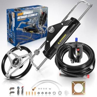 Imagem de Kit de direção hidráulica marítima para motores externos de 150HP – Inclui volante de liga de 33 cm, bomba de leme, cilindro, mangueiras cortáveis de 8 metros – Serve para Yamaha/Honda/Suzuki/Mercury