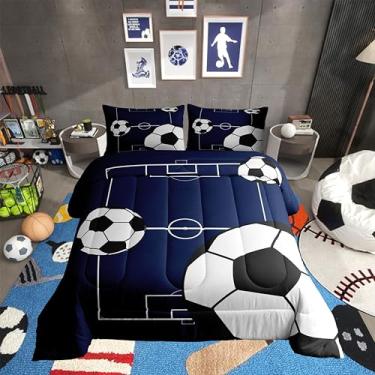 Imagem de Erosebridal Conjunto de edredom de futebol, tamanho Queen, com tema esportivo, para adolescentes, futebol, quadra de futebol, decoração de quarto, parquinho infantil, azul e branco para crianças