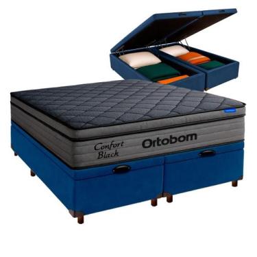 Imagem de Cama Box Bau Azul + Colchão King Confort Black Espuma Soft Gel Ortobom