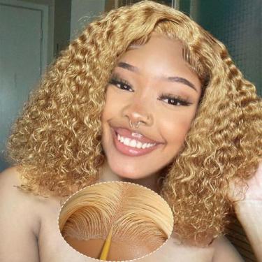 Imagem de Peruca FTQZKEY Honey Blonde Curly 25cm Cabelo humano 180% de densidade
