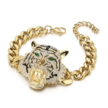 Imagem de NEGS Pulseira masculina de aço inoxidável punk rock banhado a ouro 18 quilates com cabeça de tigre rugindo com olhos verdes, corrente de elos cubanos, hip hop, rapper, joias de animais - I'm the King