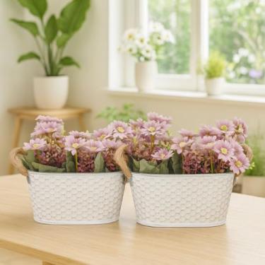 Imagem de Kit de 2 Unidades de Vasos Decorativos em Alumínio com Margaridas Artificiais, Branco Texturizado, 9x10cm,