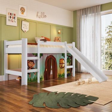 Imagem de Cama Infantil Elevada Casinha Menino Menina Solteiro 202cm Com Escada E Escorregador Branco Com Zoo