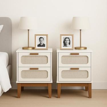 Imagem de Kit 2 Mesas de Cabeceira Retrô 2 Gavetas Santorini 45 Cm com Tela Indi