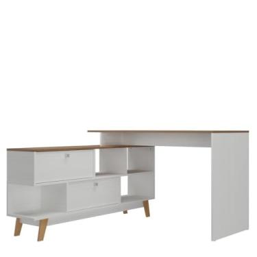 Imagem de Mesa Escritório em L Retrô 136x120cm - Escrivaninha Home Office Branco e Nogal para Computador e Estudos