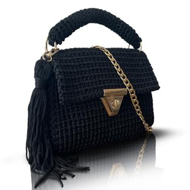 Imagem de Bolsa de ombro feminina de crochê bege feita à mão | corrente dourada e alça superior | Bolsa de malha boho | Bolsa tiracolo elegante para noite e casual