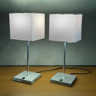 Imagem de Kit 2 Abajur Luminária de Mesa Clássico Quadrado Escovado Com Interruptor Com Cúpula de Algodão Branco Ref 47 Decoração Casa, Sala, Escritorio, Quarto