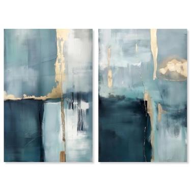 Imagem de Conjunto de 2 painéis de luxo azul dourado impressão em tela azul arte de parede por Art Remedy, Gallery Wrapped, 10 x 15